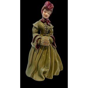 Vintage MCM Florence Pasadena Ceramics Delia Figure In Green Dress w/ Bouquet 8"